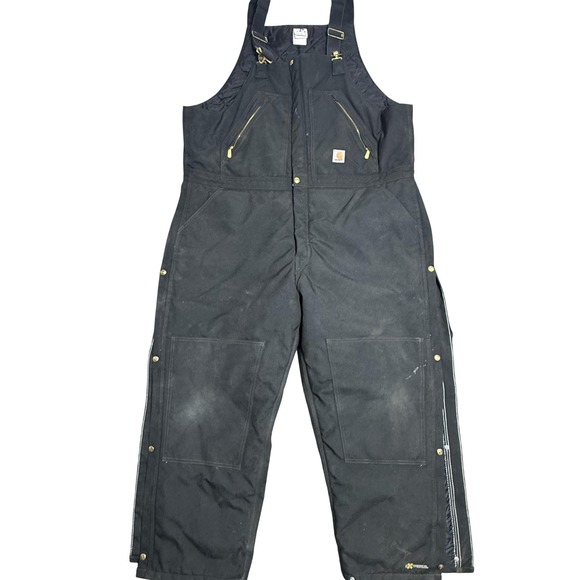 Carhartt Bib Overalls Mens 46x30‎ Black R33 Duck Quilt Lined Zip To Waist Canvas